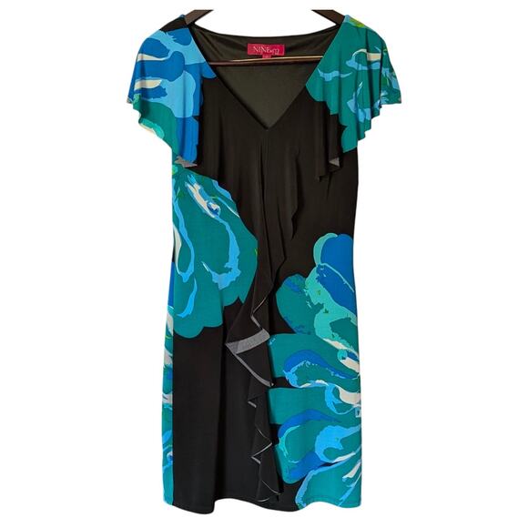 Nine & Co Blue & Black Floral Stretch Short Sleeve Dress 12 - Picture 1 of 4